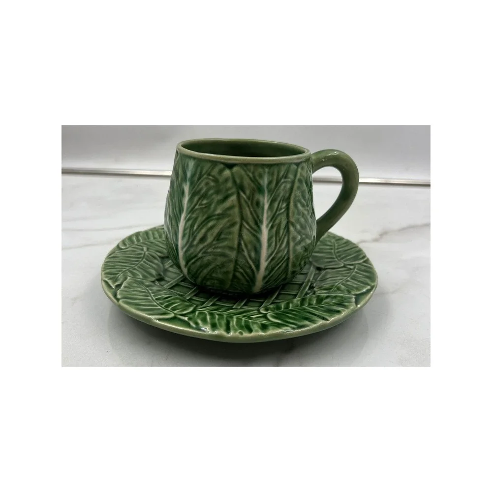 Bordallo Pinheiro Cabbage Green Tea Cup and Saucer Set Made in Portugal Ceramic